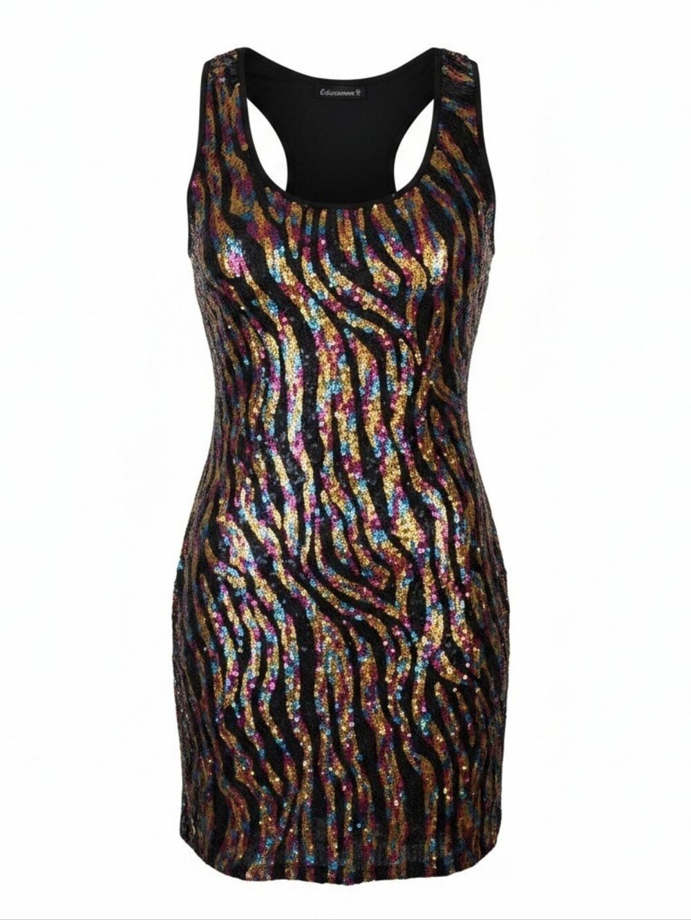 Black Sequin Zebra Mini Dress with Multicolor Accents